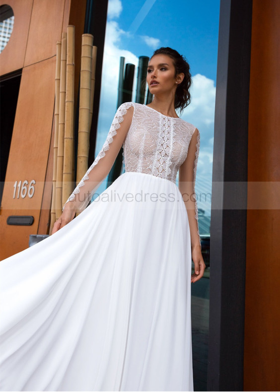 Long Sleeve White Lace Chiffon Wedding Dress
